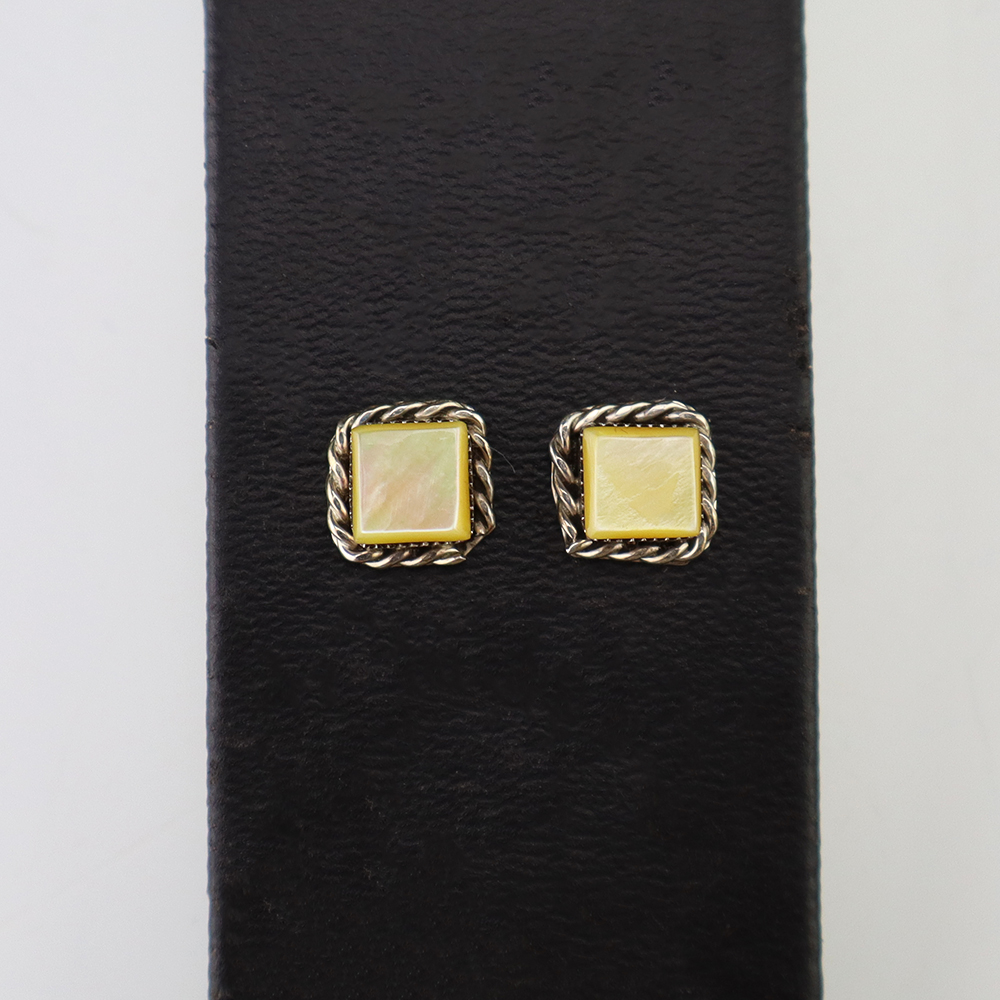 NATIVE AMERICAN ZUNI STERLING SILVER & MOTHER OF PEARL SHELL EARRINGS BY GENEVA CHUYATE