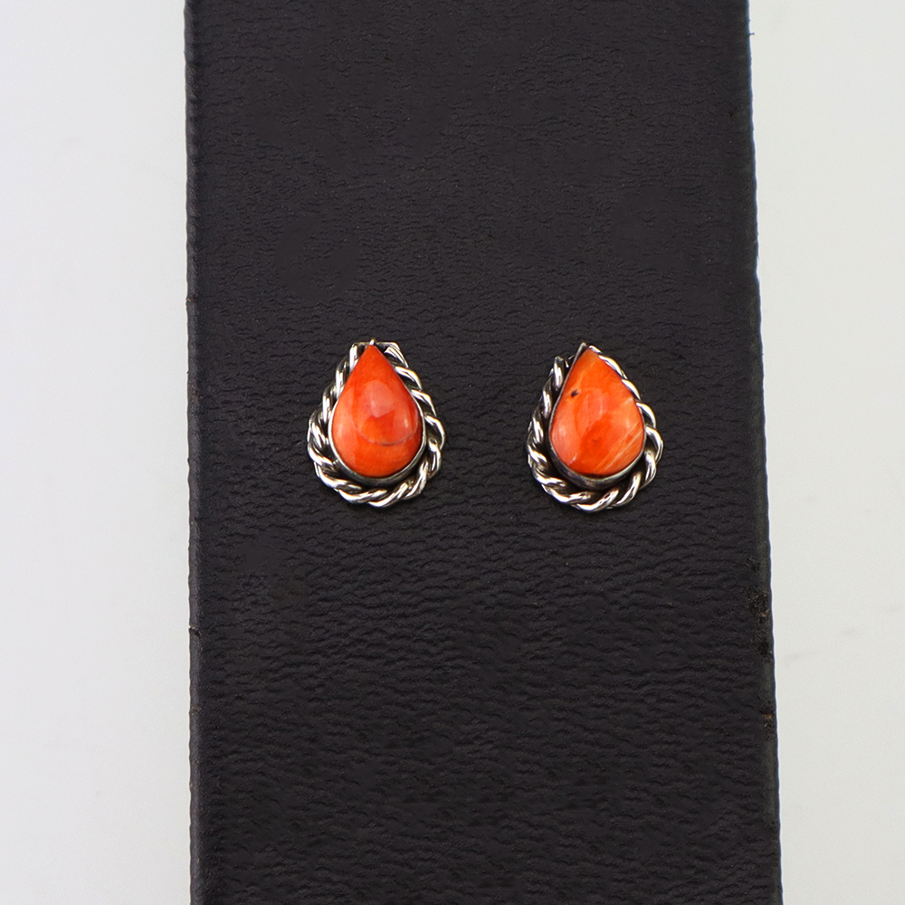 NATIVE AMERICAN ZUNI STERLING SILVER & SPINY OYSTER EARRINGS BY RYLAND CACHINI