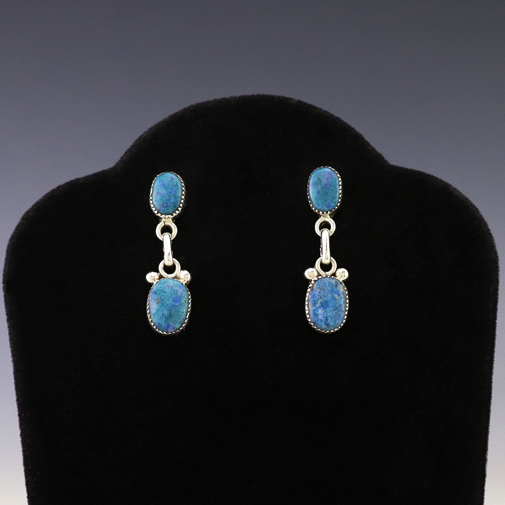 NATIVE AMERICAN ZUNI STERLING SILVER & DENIM LAPIS EARRINGS BY DIANE LONJOSE