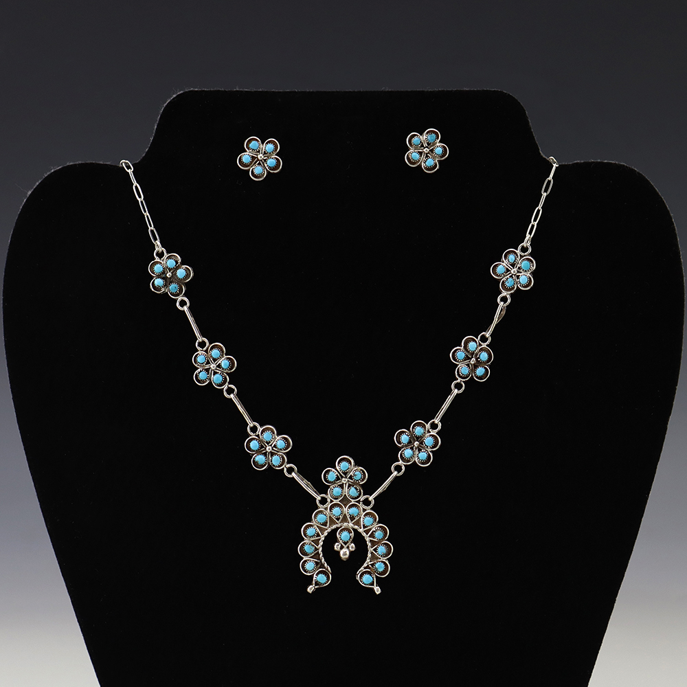 NATIVE AMERICAN NAVAJO STERLING SILVER & TURQUOISE NECKLACE & EARRINGS BY ROSE MARY JAMES