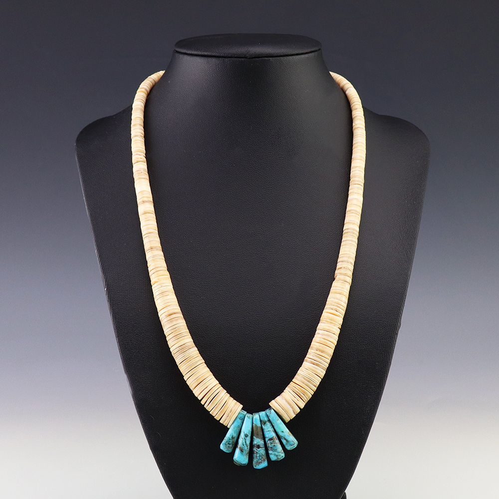 NATIVE AMERICAN KEWA MELON SHELL TURQUOISE NECKLACE LUPE LOVATO
