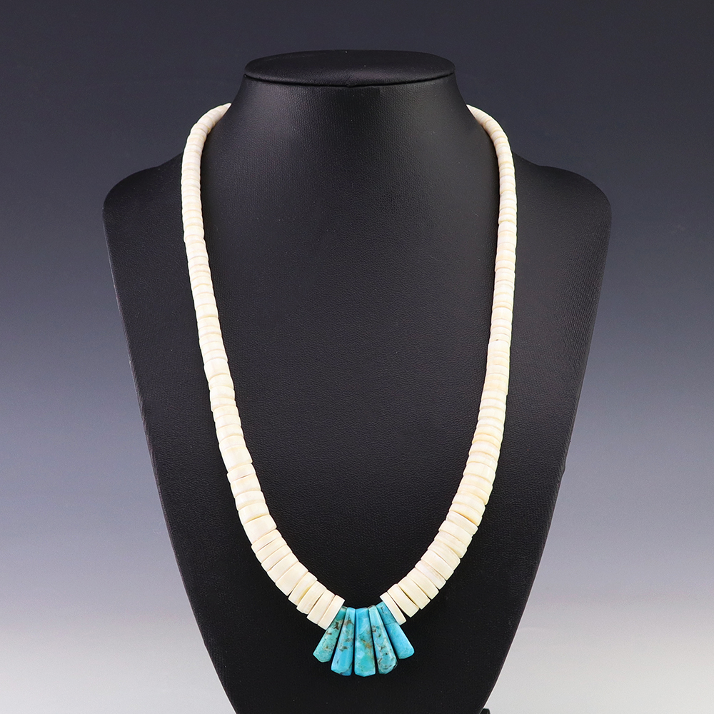 NATIVE AMERICAN KEWA WHITE CLAM & TURQUOISE NECKLACE BY LUPE LOVATO