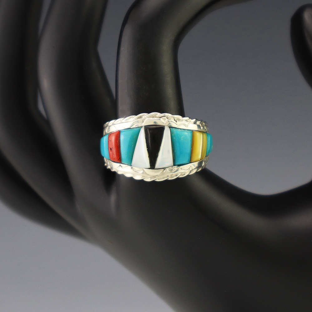 NATIVE AMERICAN ZUNI STERLING SILVER & INLAY RING BY BEVIS TSADIASI 10 1/2