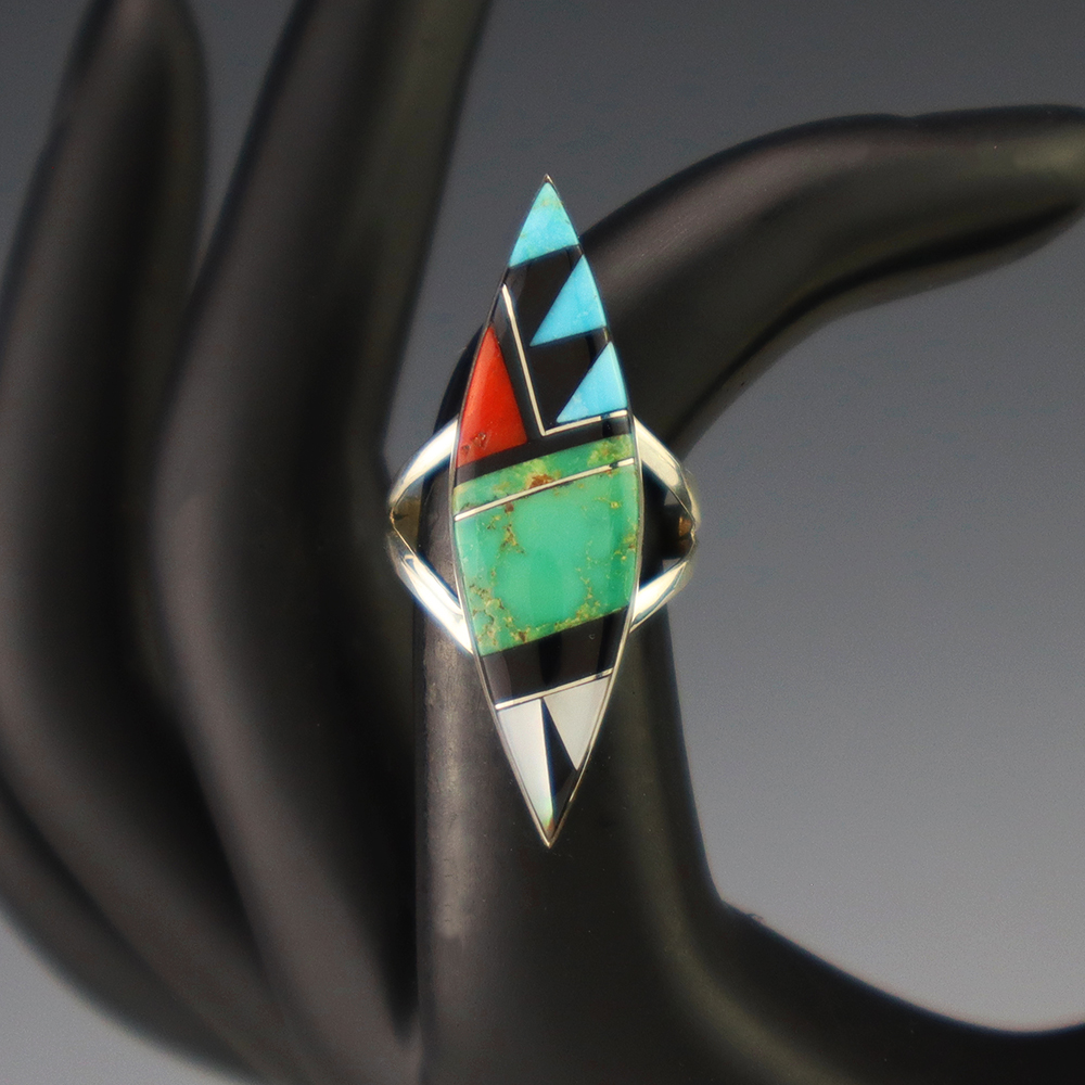 ZUNI STERLING SILVER & INLAY RING BY ELCARIO & CLEO KALLESTEWA 5 3/4